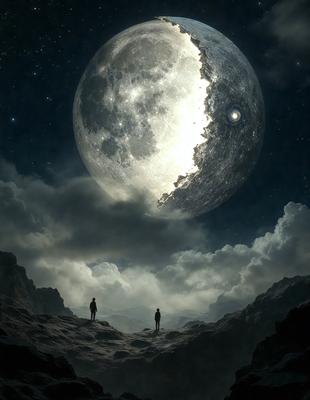 The primary subject of the image is a large moon, which is prominently displayed in the sky. The setting is a rocky landscape, with two people standing on a hill, looking up at the moon. The visual style of the image is a digital art, creating a dramatic and atmospheric scene. The dominant colors in the image are shades of gray, black, and white, giving the scene a moody and dramatic feel.